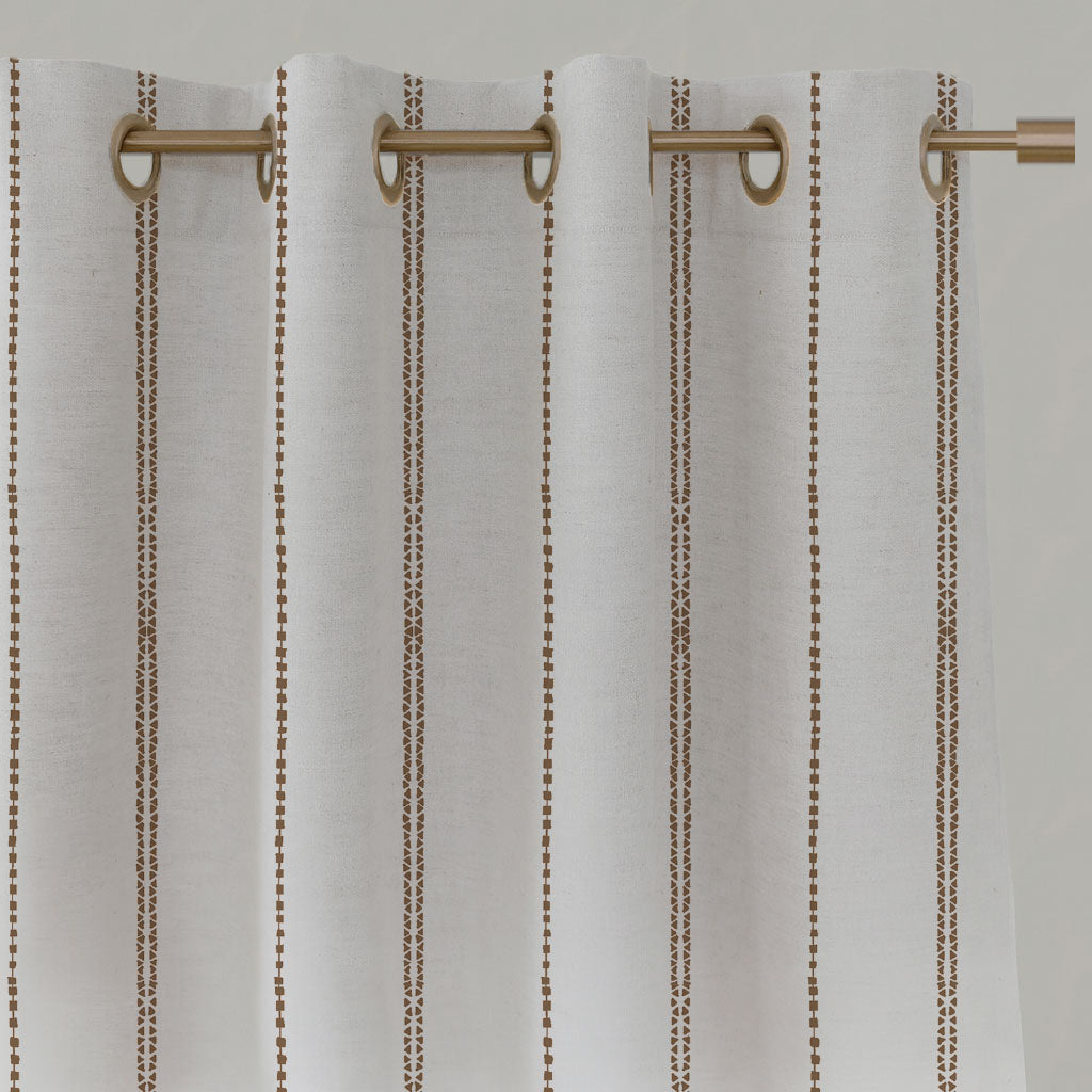 Brown Striped Linen Eyelet Curtains - Inga Sand - White base fabric.