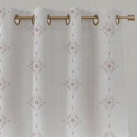Pink Patterned Linen Eyelet Curtains - Kaisley Peony-WHT - White base fabric.