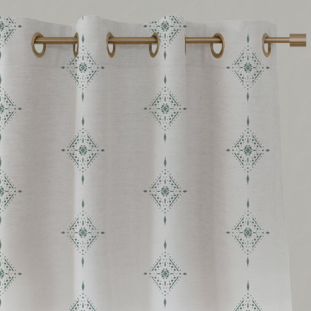 Green Patterned Linen Eyelet Curtains - Kaisley Sage-WHT - White base fabric.