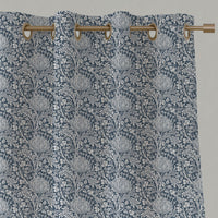 Blue Floral Linen Eyelet Curtains - Katarina Ink - White base fabric.
