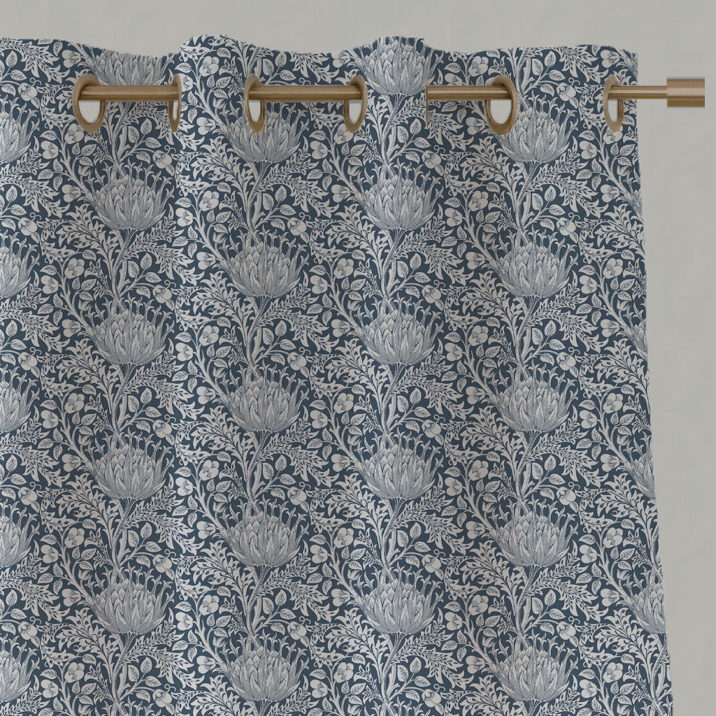 Blue Floral Linen Eyelet Curtains - Katarina Ink - White base fabric.