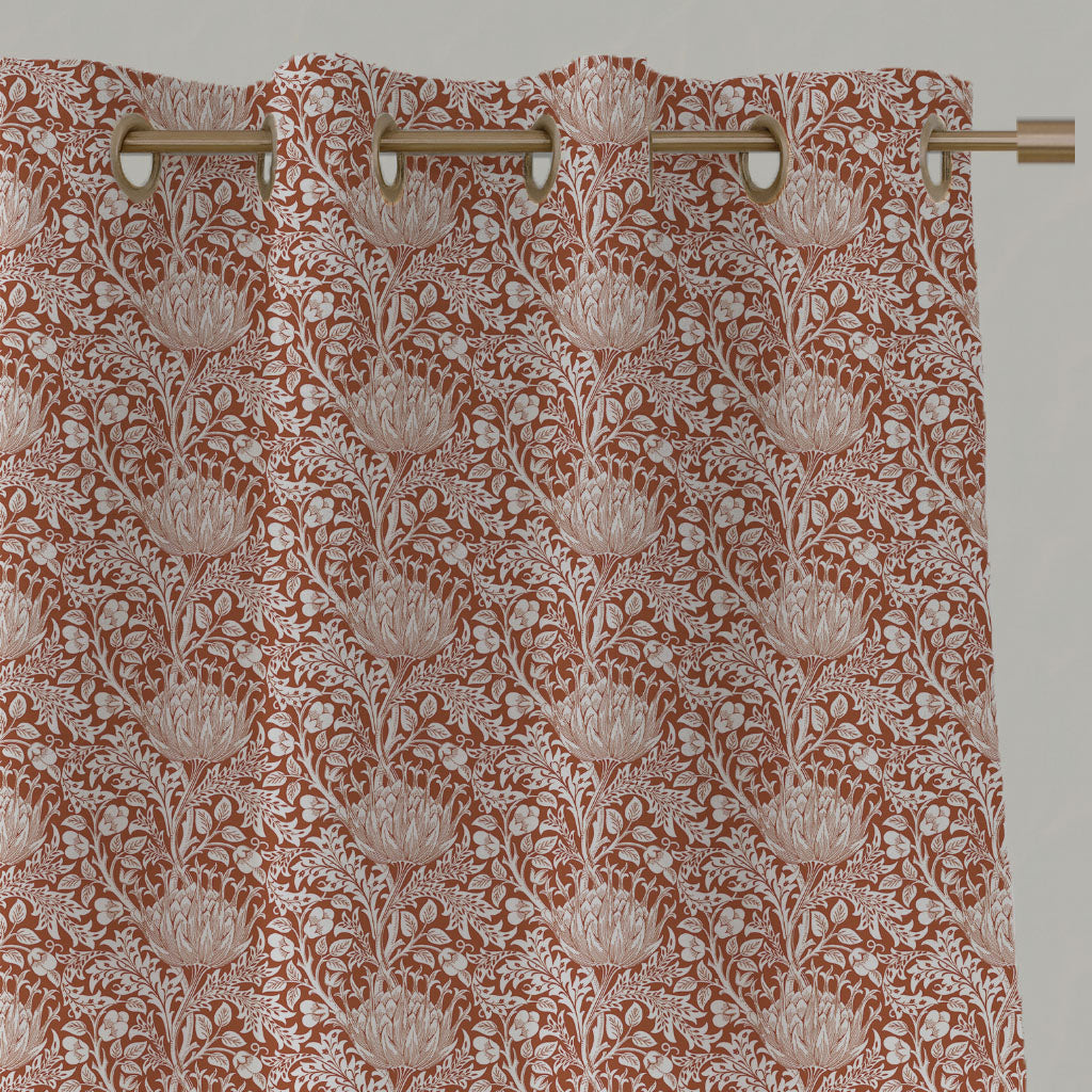 Red / Orange Floral Linen Eyelet Curtains - Katarina Terracotta - White base fabric.