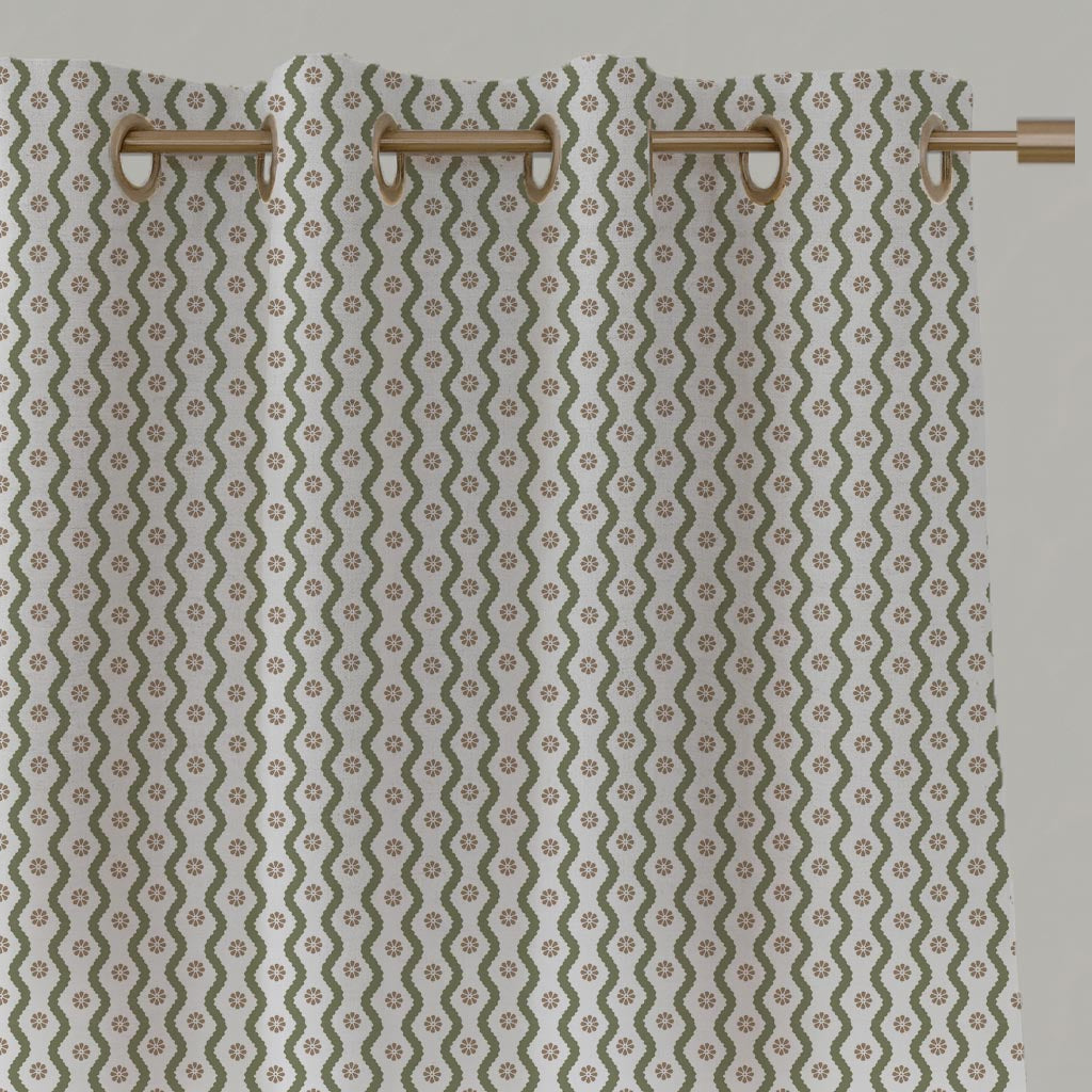 Green Abstract Linen Eyelet Curtain - Kirabe Moss-WHT - White base fabric.