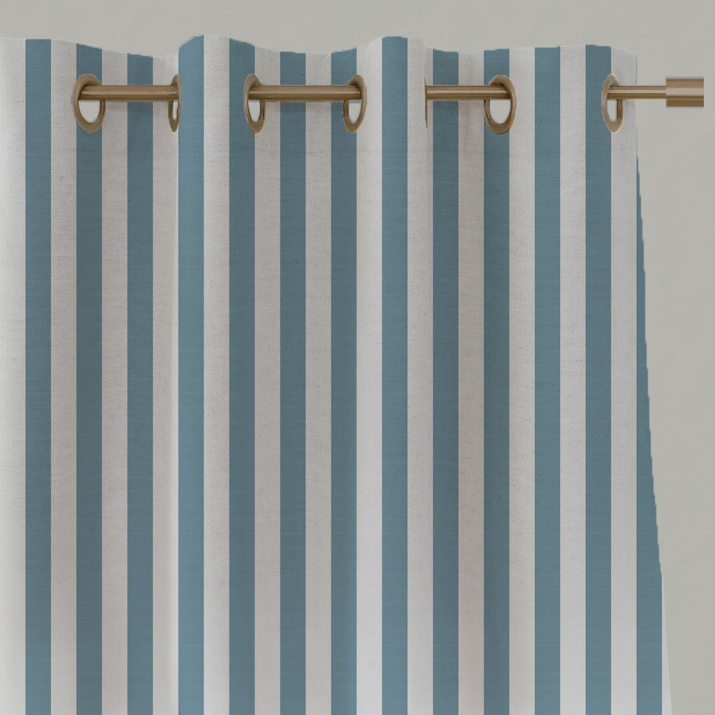 Blue Striped Linen Eyelet Curtains - Liliana Blue Mist-WHT - White base fabric.