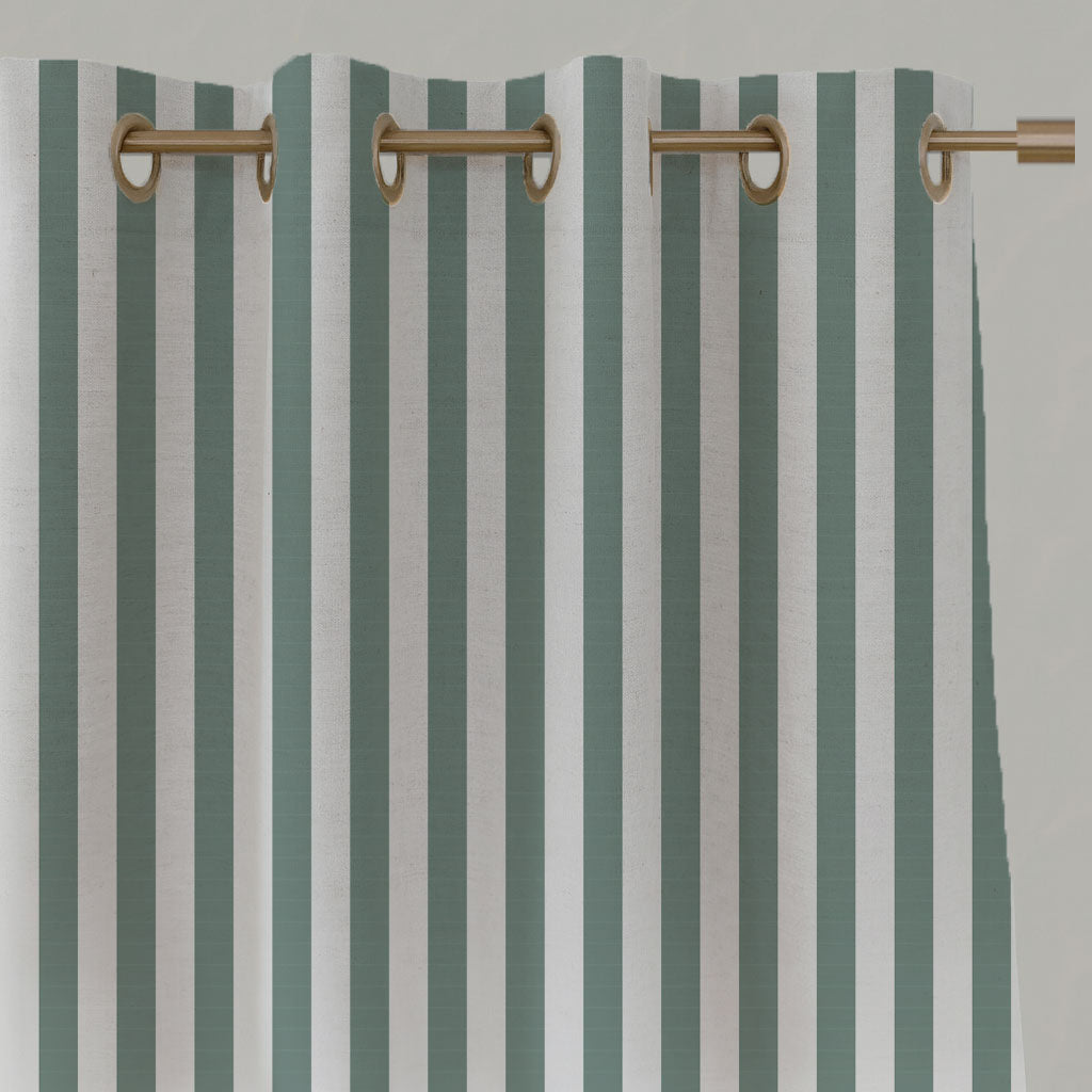Green Striped Linen Eyelet Curtains - Liliana Sage-WHT - White base fabric.