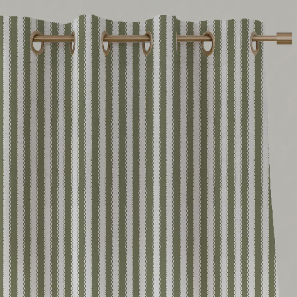 Green Striped Linen Eyelet Curtain - Lisabella Moss-WHT - White base fabric.