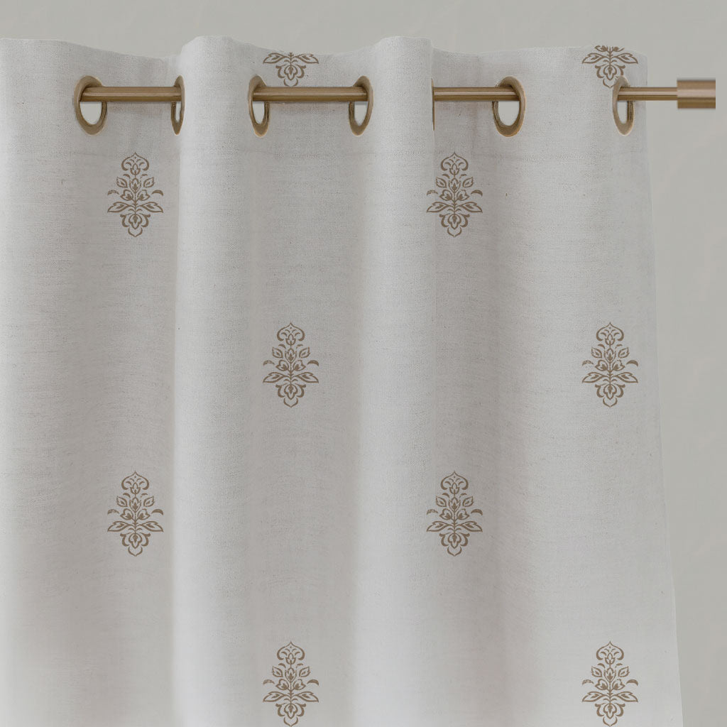 Brown Floral Linen Eyelet Curtains - Lisana Pastel Brown - White base fabric.