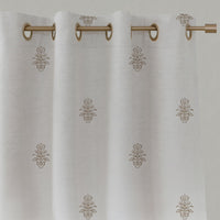 Brown Floral Linen Eyelet Curtains - Lisana Pastel Brown - White base fabric.