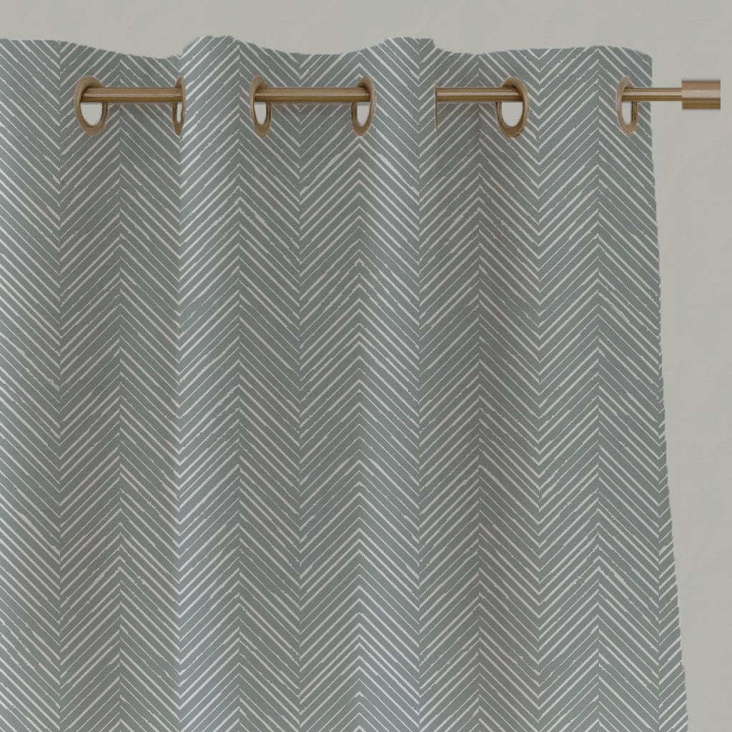 Grey Patterned Linen Eyelet Curtains - Lulu Greige - White base fabric.