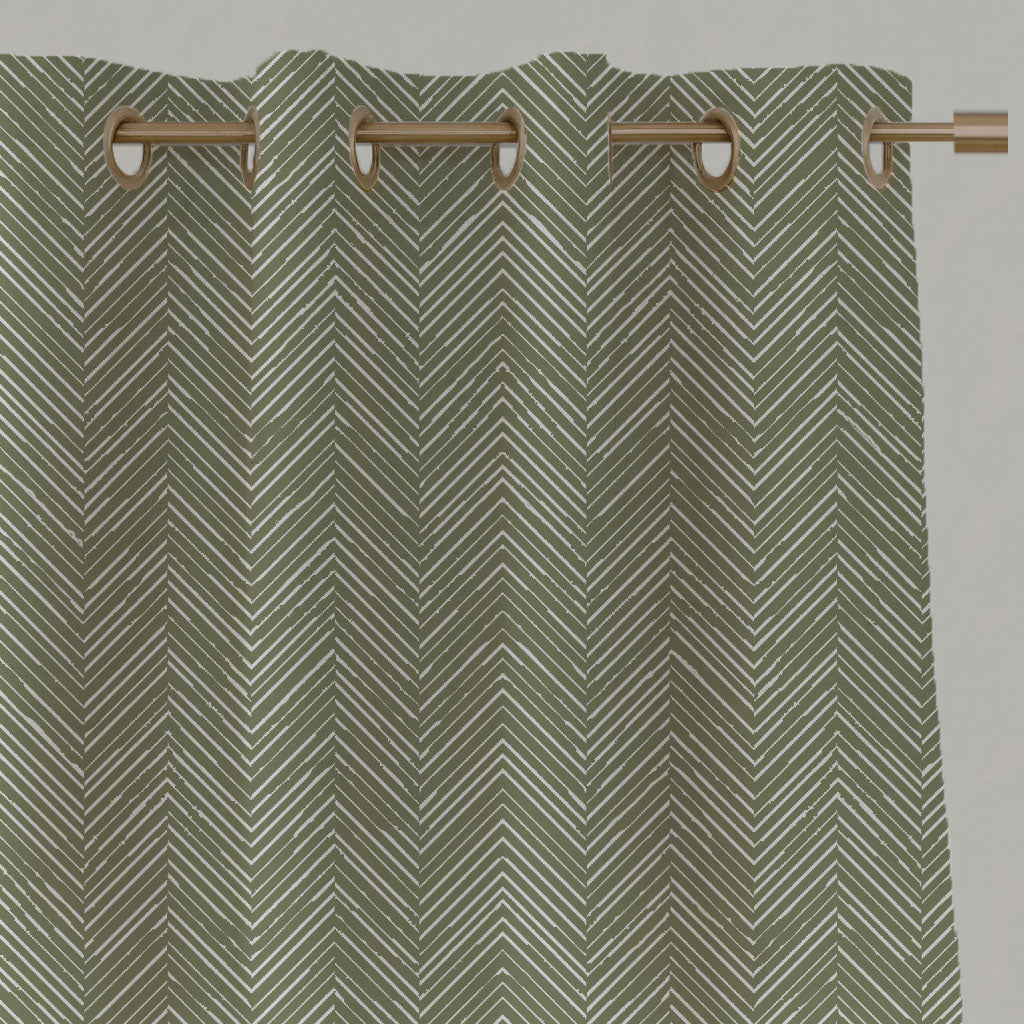Green Patterned Linen Eyelet Curtains - Lulu Moss - White base fabric.