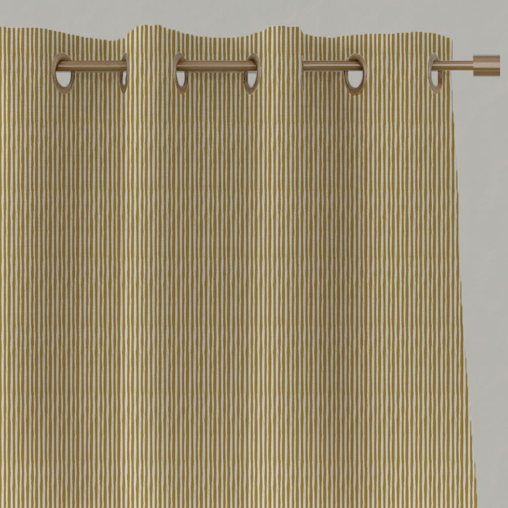 Yellow Striped Linen Eyelet Curtains - Maisa Gold Rod - White base fabric.