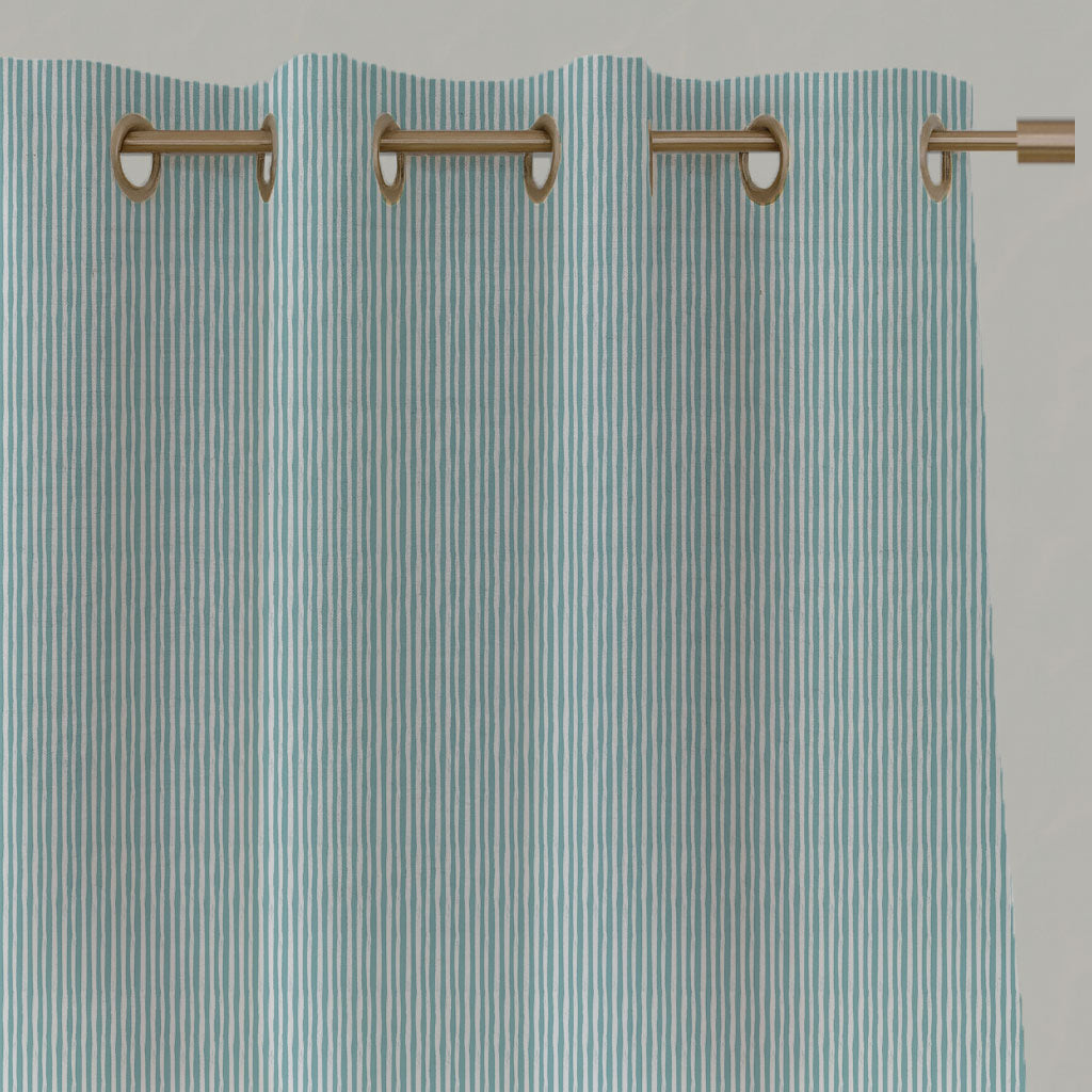 Blue Striped Linen Eyelet Curtains - Maisa Sea Breeze - White base fabric.