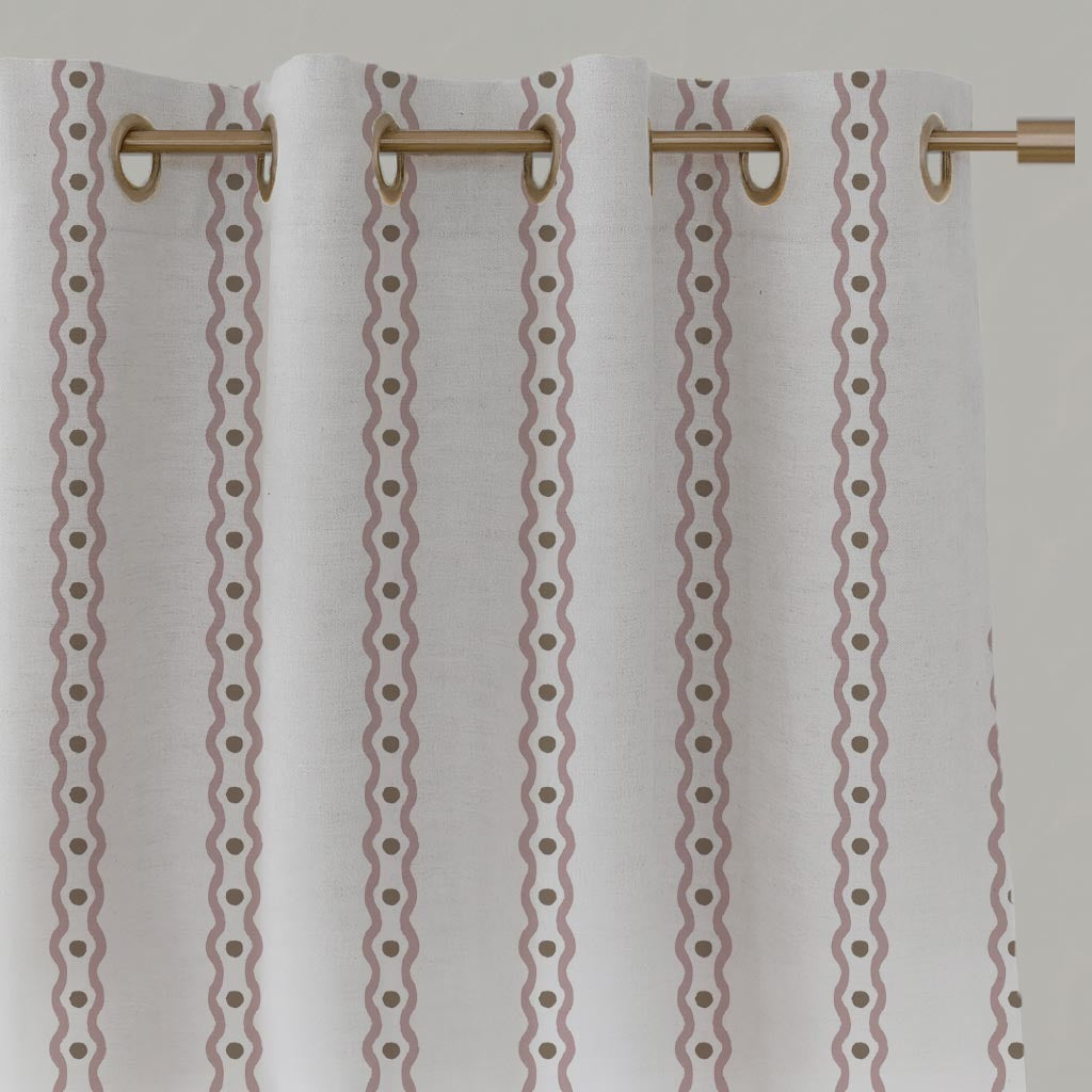 Pink Abstract Striped Linen Eyelet Curtain - Margarie Peony-WHT - White base fabric.