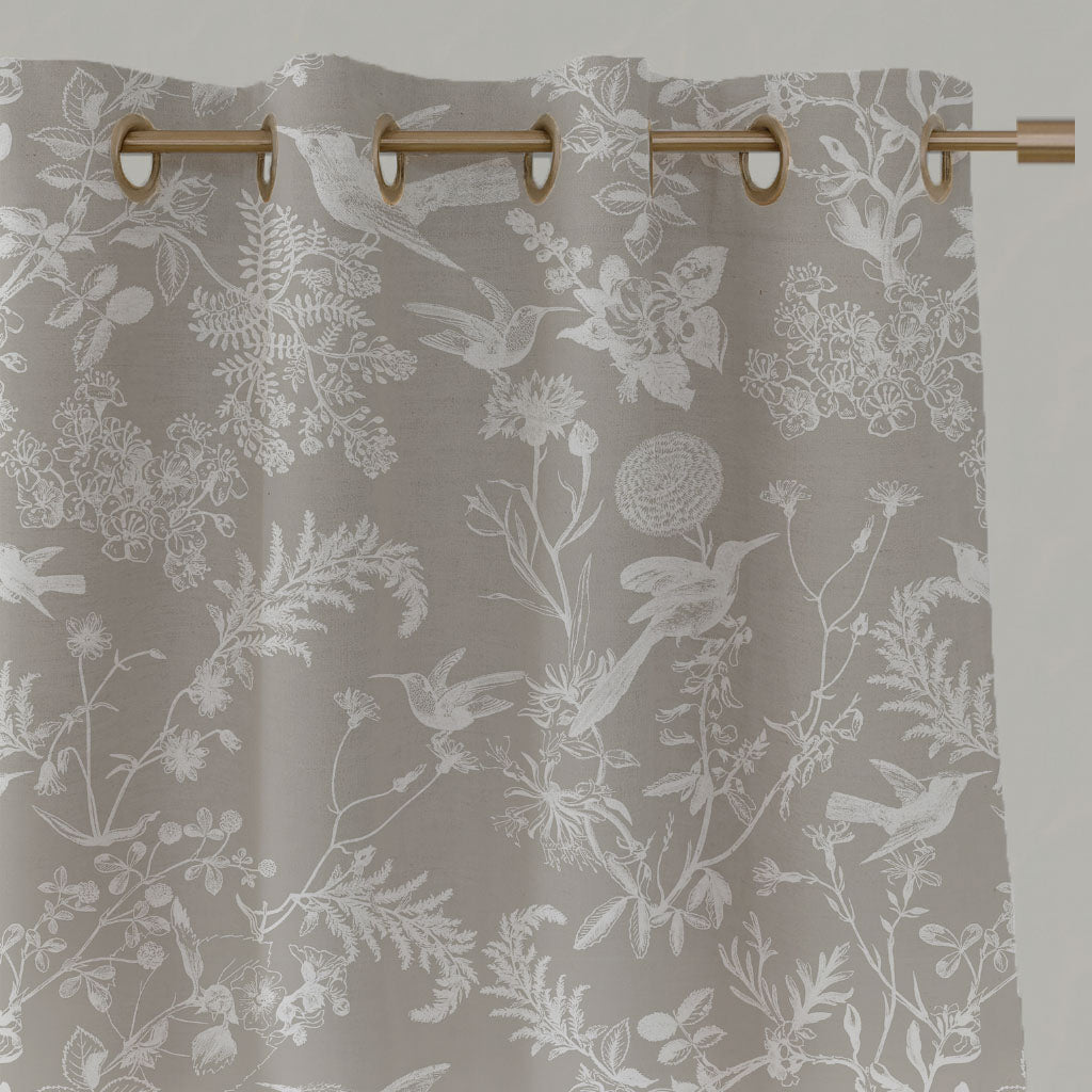 Neutral / Grey Floral Linen Eyelet Curtains - Marianne Almond - White base fabric.