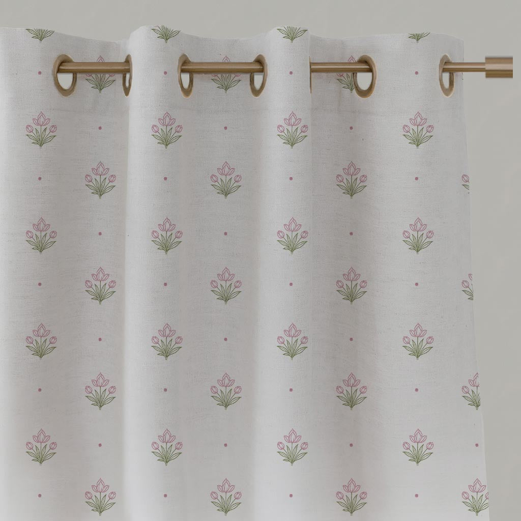 Pink Floral Linen Eyelet Curtain - Maryam Pink-WHT - White base fabric.