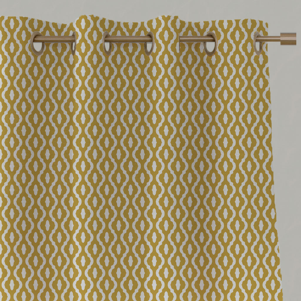 Yellow Patterned Linen Eyelet Curtains - Oona Dijon - White base fabric.