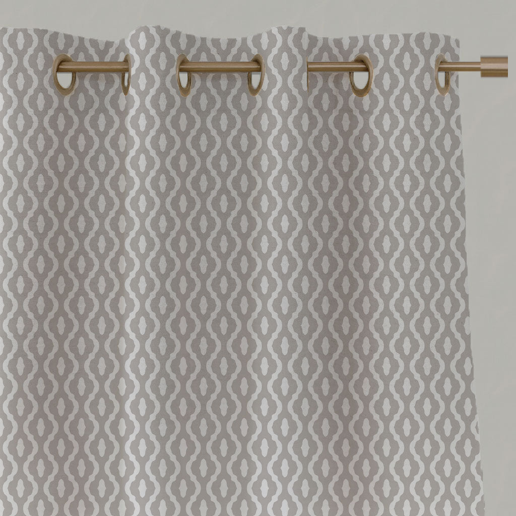 Neutral / Grey Patterned Linen Eyelet Curtains - Oona Grey Sand - White base fabric.