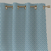 Blue Patterned Linen Eyelet Curtains - Oona Marine - White base fabric.