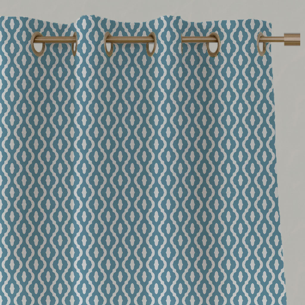 Blue Patterned Linen Eyelet Curtains - Oona Marine - White base fabric.