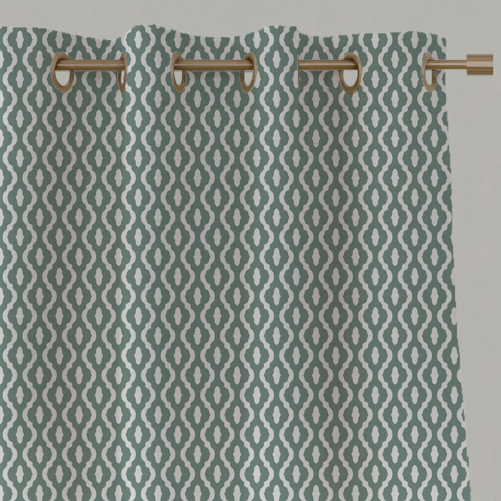 Green Patterned Linen Eyelet Curtains - Oona Sage - White base fabric.