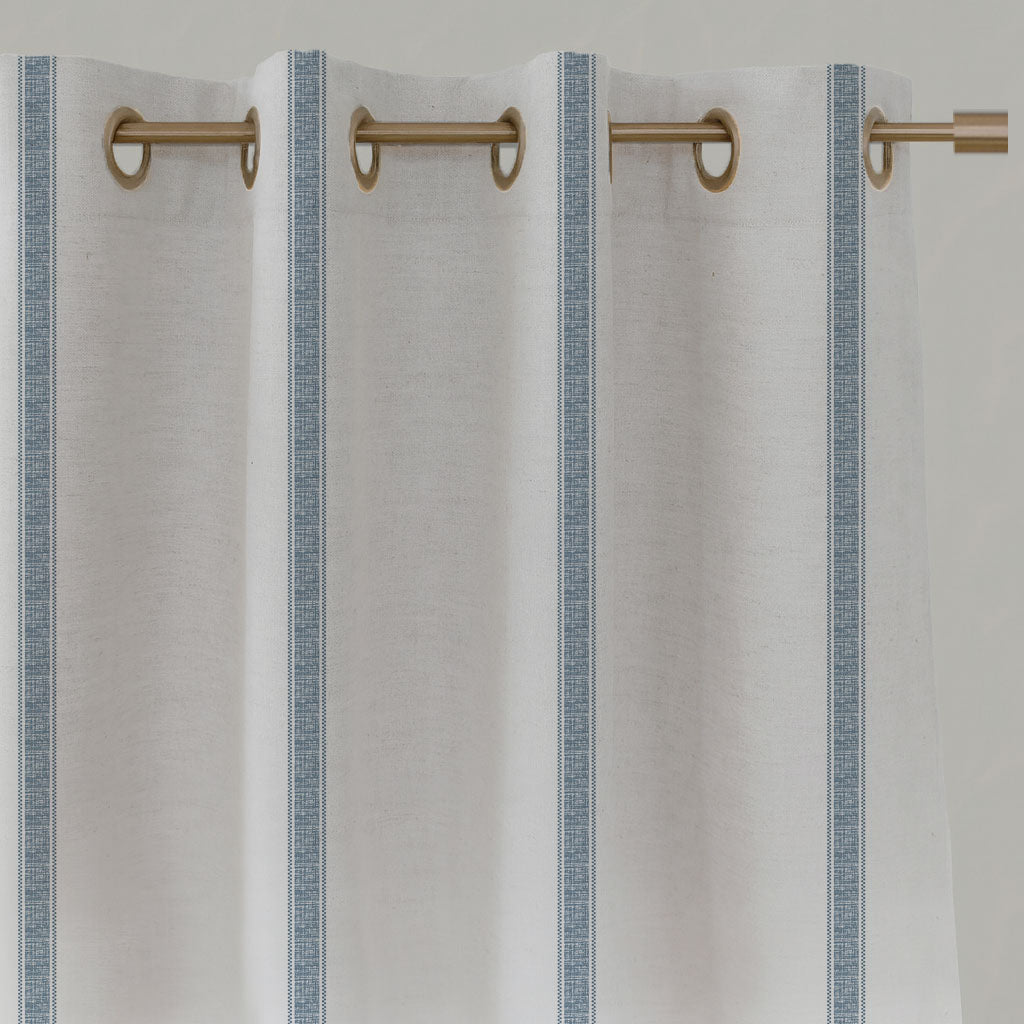 Blue Striped Linen Eyelet Curtains - Rune Agate Blue - White base fabric.