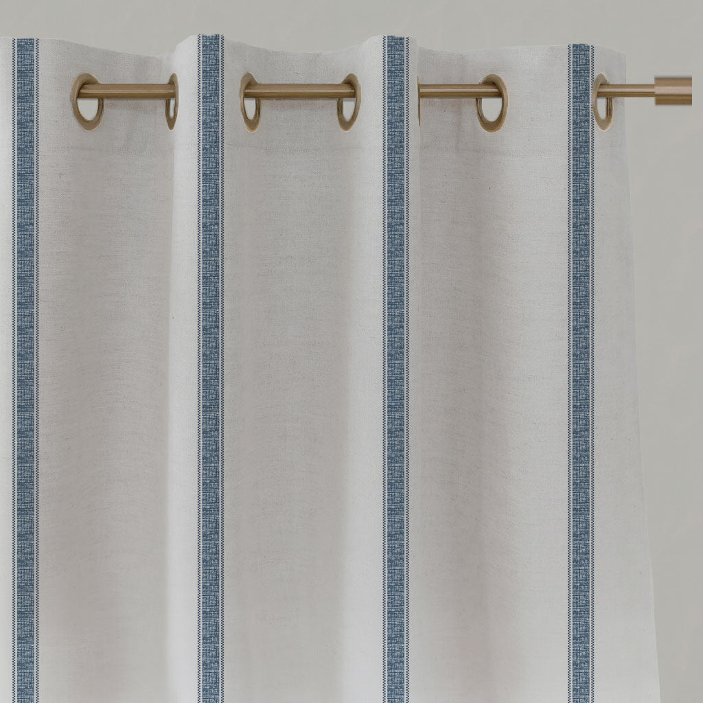 Blue Striped Linen Eyelet Curtains - Rune Ink - White base fabric.
