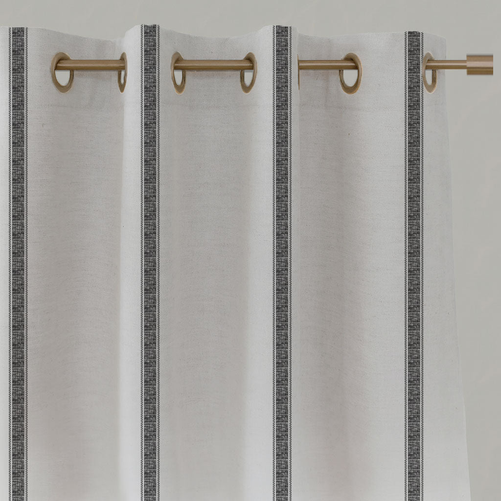 Black Striped Linen Eyelet Curtains - Rune Noir - White base fabric.