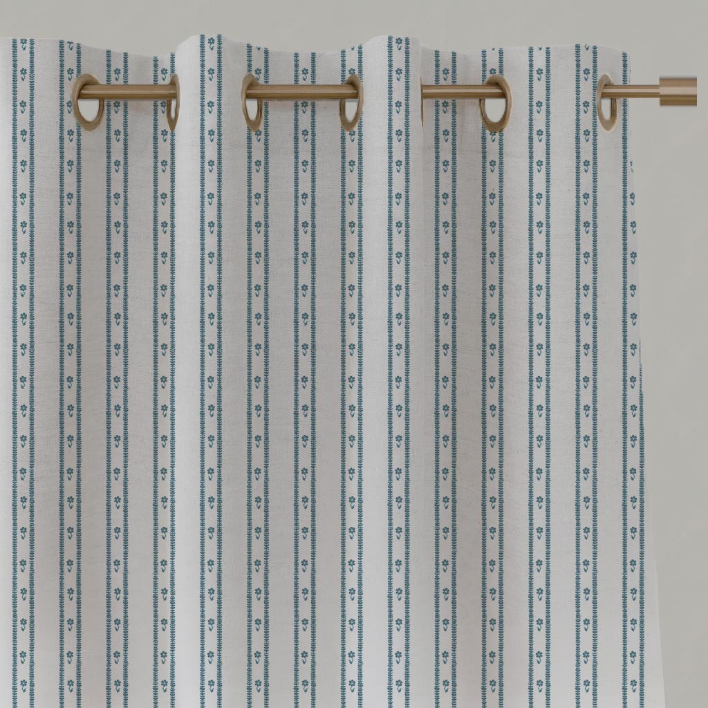 Blue Floral Stripe Linen Eyelet Curtain - Silvian Paris Blue-WHT - White base fabric.