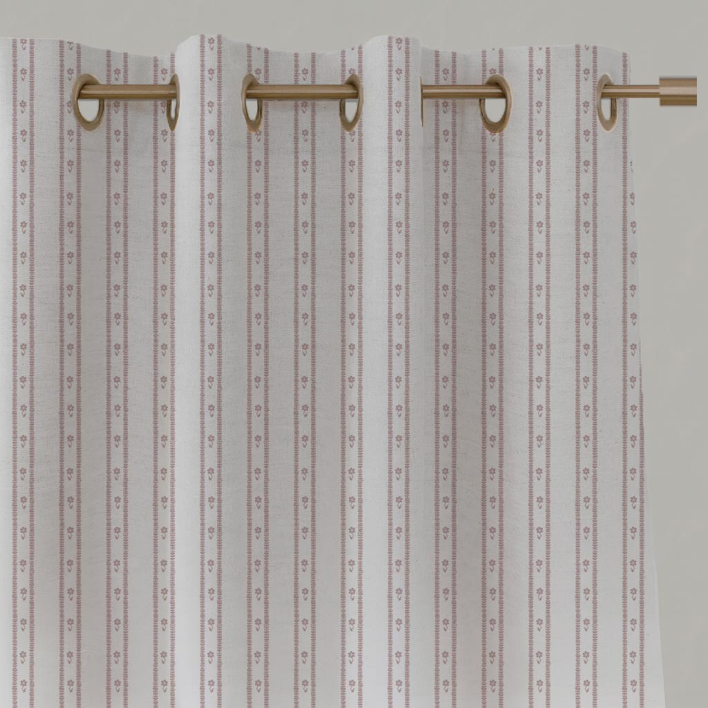 Pink Floral Stripe Linen Eyelet Curtain - Silvian Peony-WHT - White base fabric.