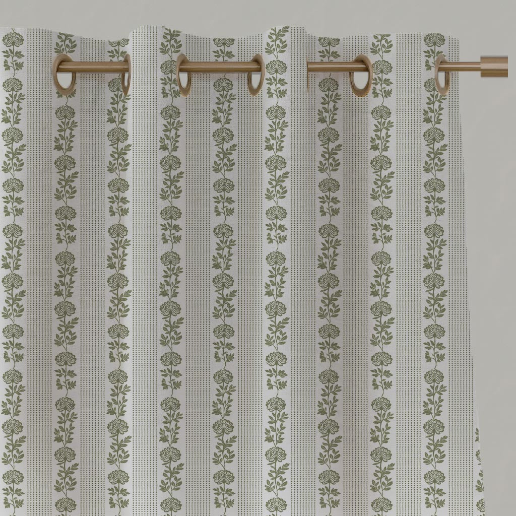 Green Floral Stripe Linen Eyelet Curtain - Skye Moss-WHT - White base fabric.