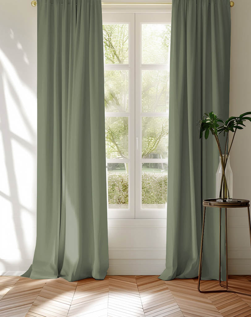 Green curtains made of cotton fabric