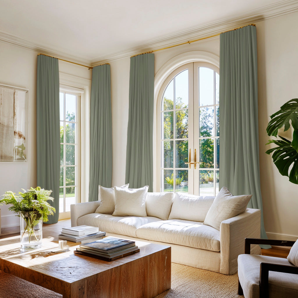 Green curtains made of cotton fabric
