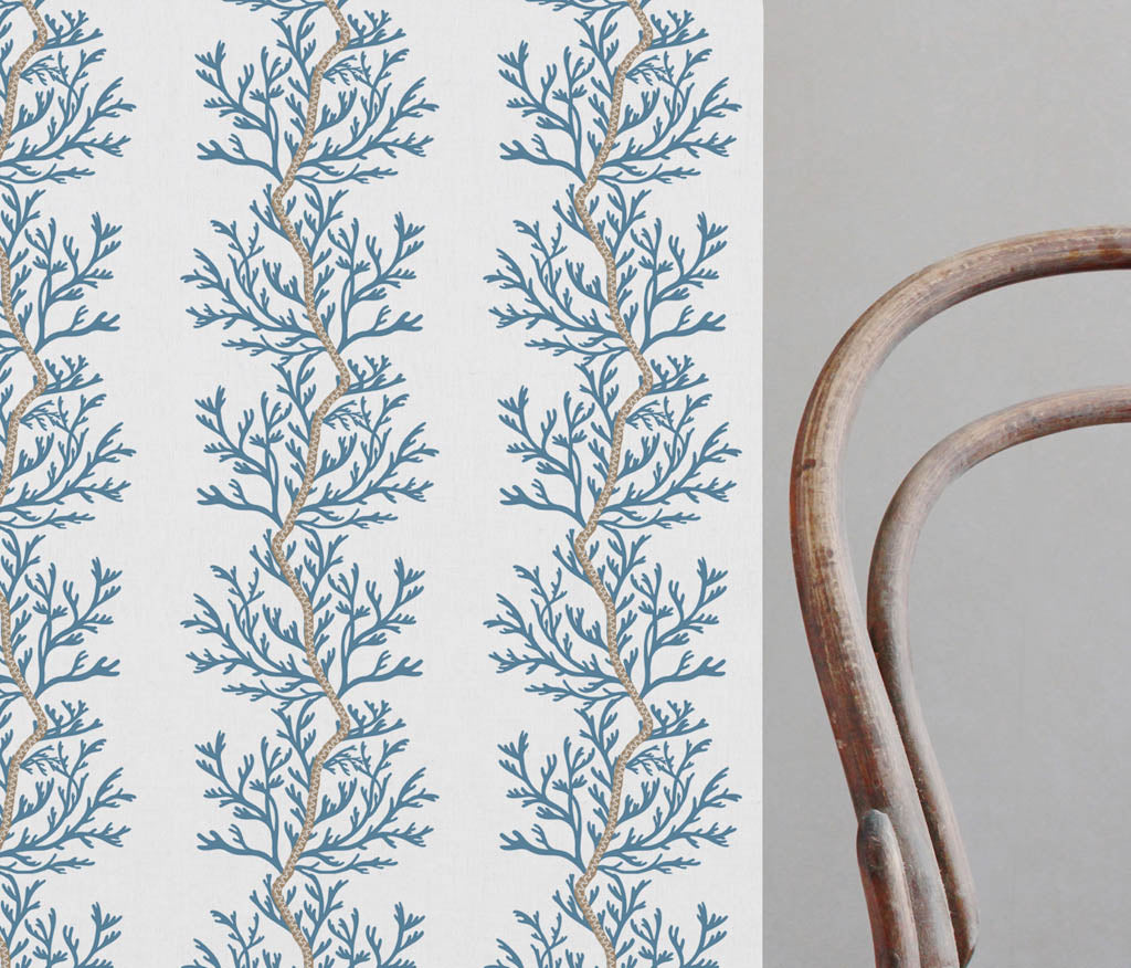 Galilea Blue - white curtain fabric with Blue abstract print