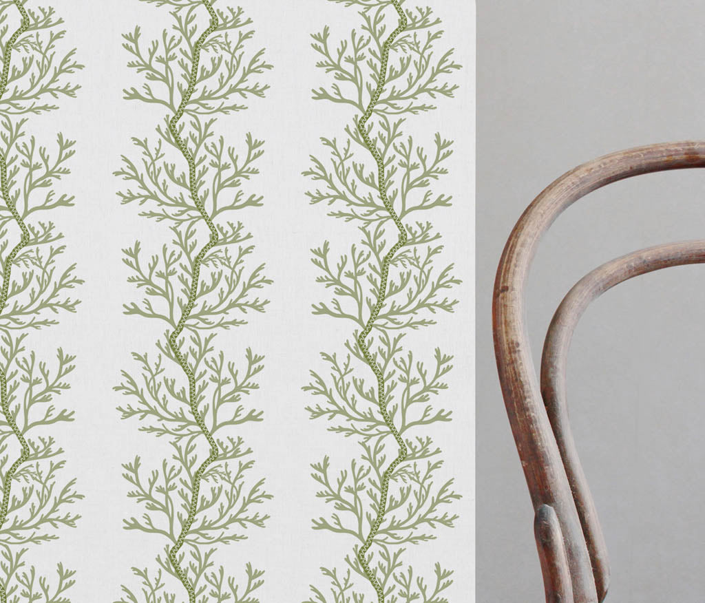 Galilea Moss - white curtain fabric with Green abstract print
