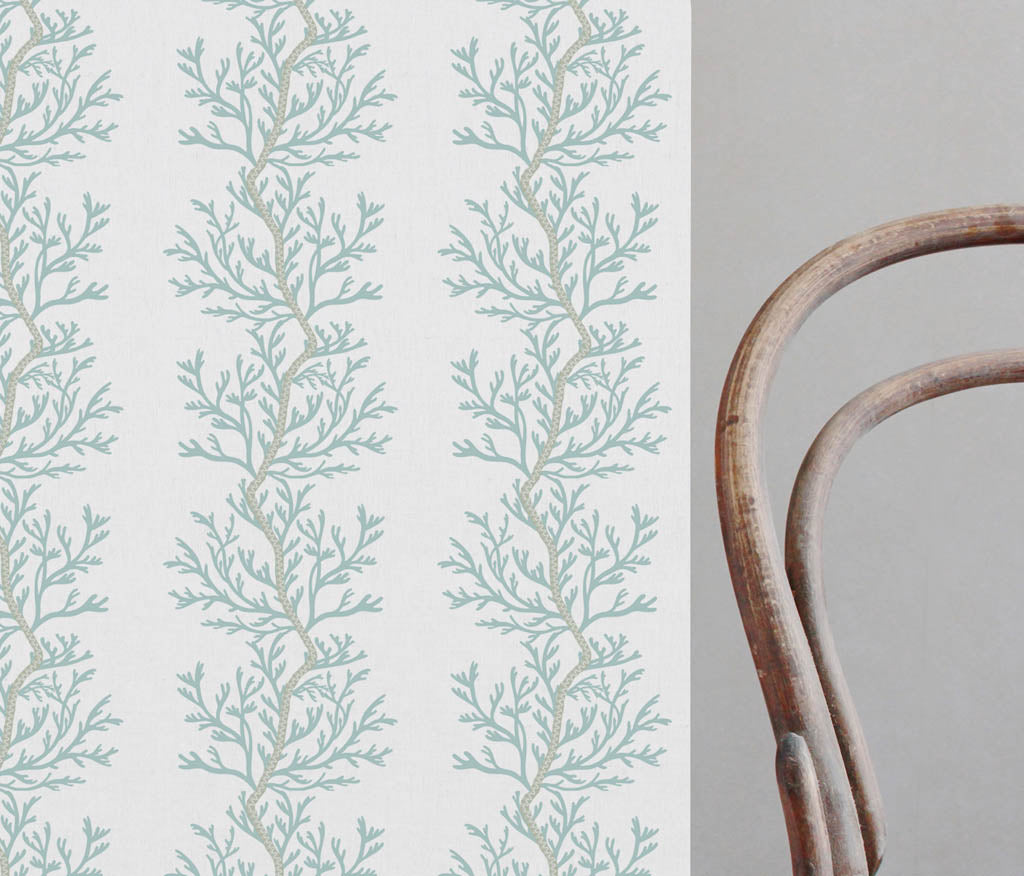 Galilea Sage - white curtain fabric with Green abstract print