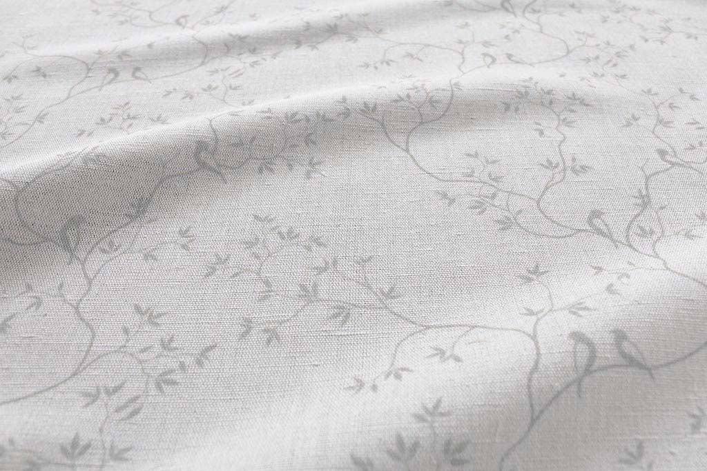 Botanical Grey Curtain Fabric - Grey leaves and birds