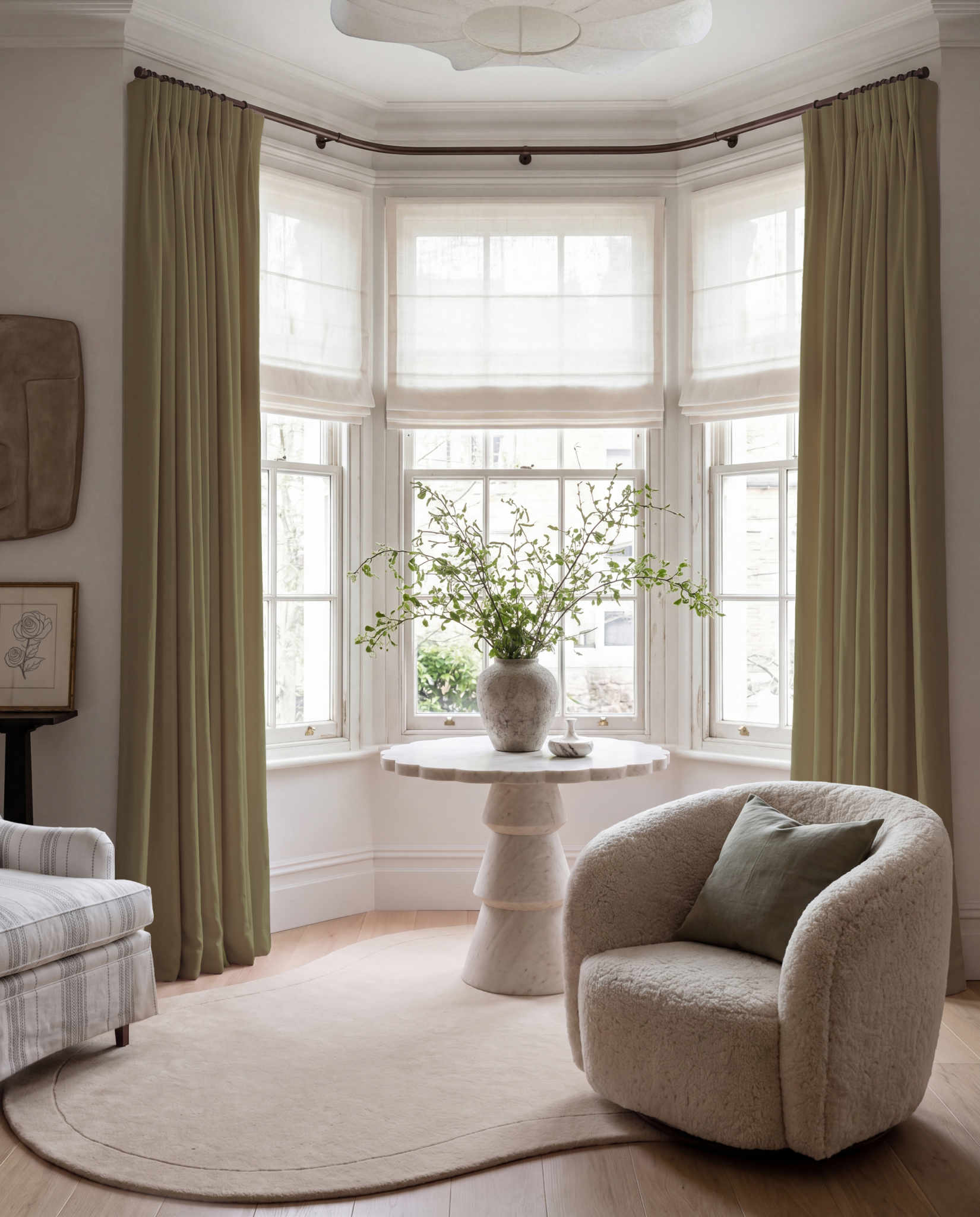 Green 100% Linen Bay window curtains. Bea Leaf by Ada & Ina