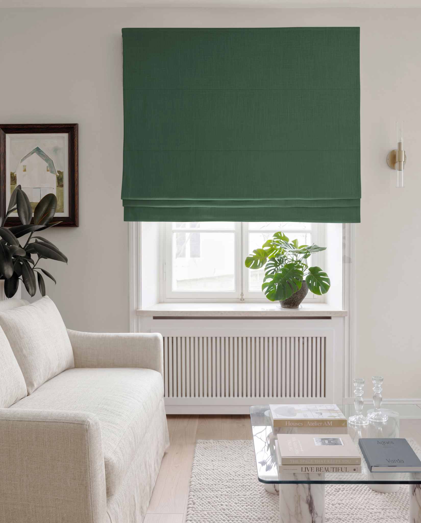 Green Linen Roman blind blackout lined - pre-washed 100% linen. Bianco Bottle by Ada & Ina.