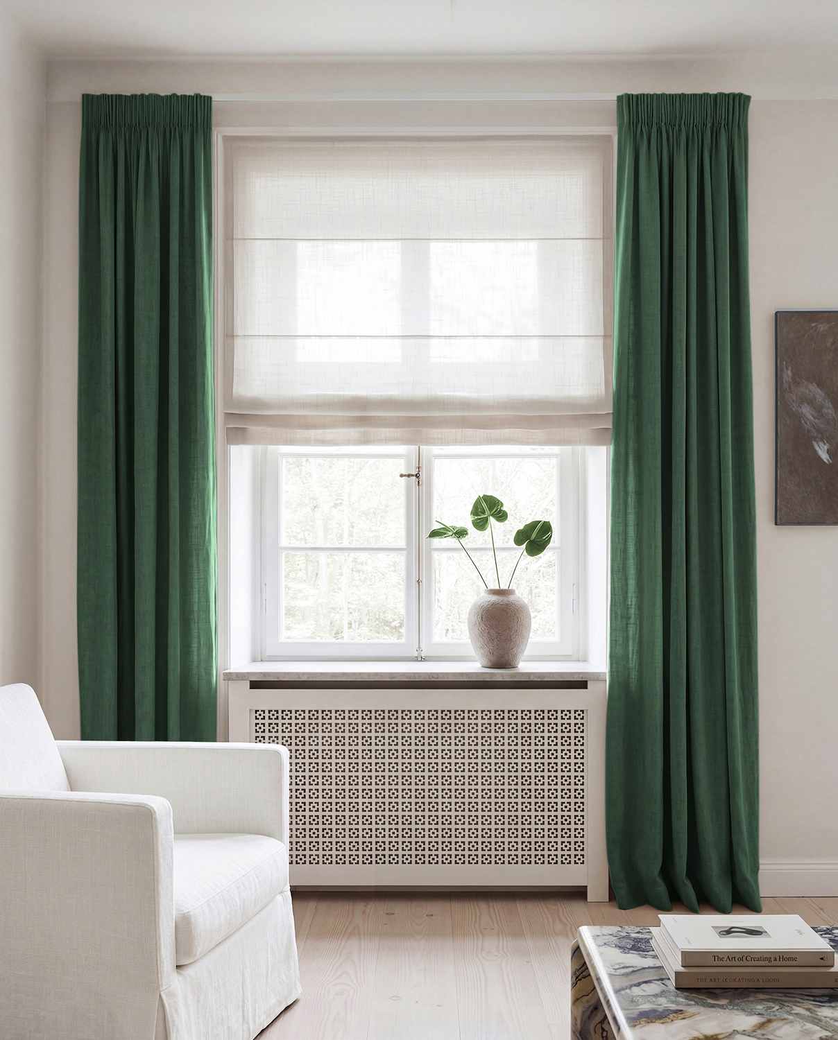Green Linen curtains blackout lined - pre-washed linen. Bianco Bottle by Ada & Ina.