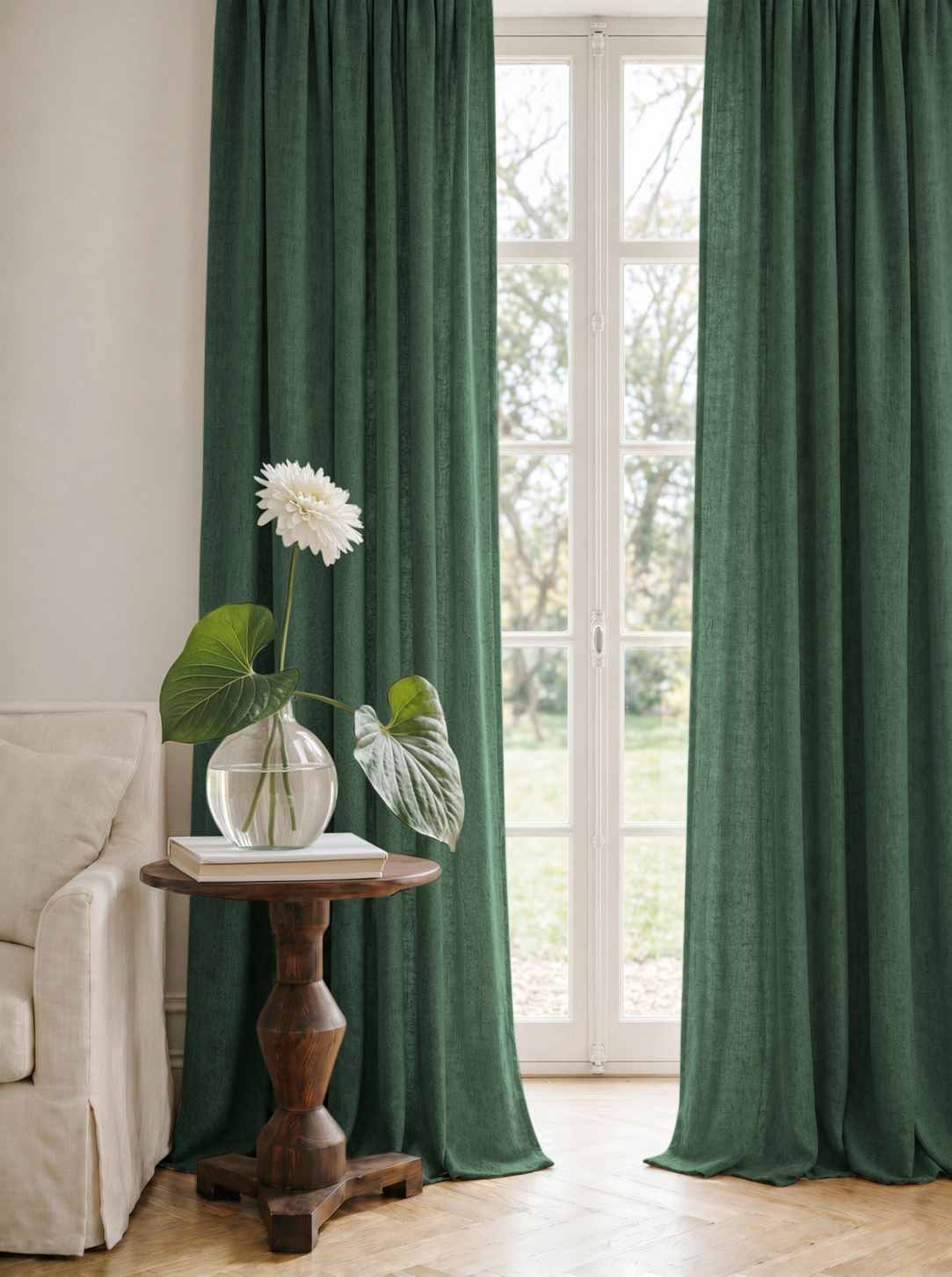 Green Linen Curtains - Cotton lined. Made of pre-washed 100% linen Bianco Bottle by Ada & Ina.