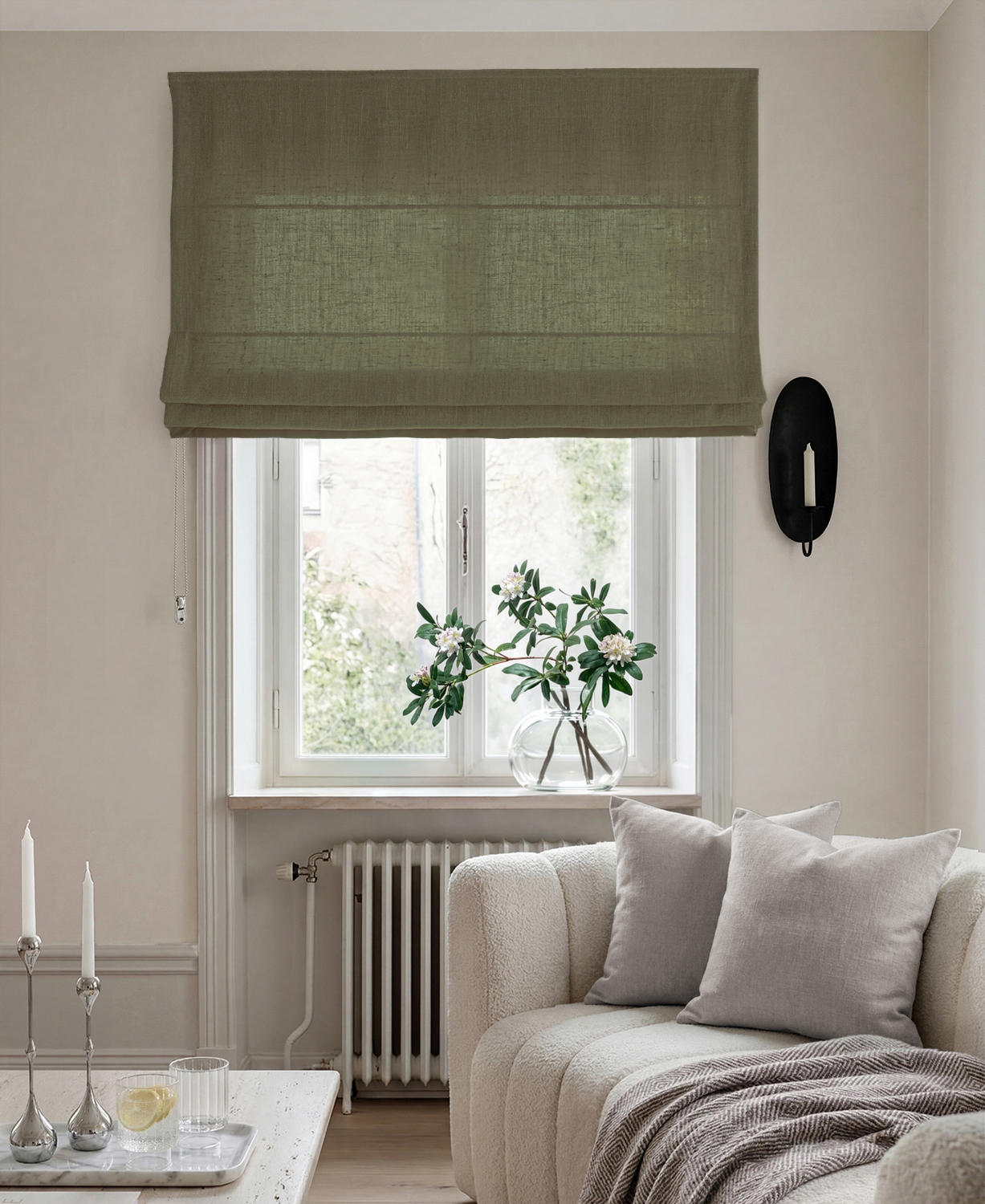 Green 100% Linen Roman blind. Bea Khaki Green by Ada & Ina Fabrics