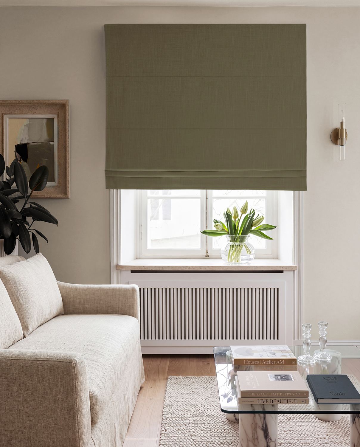 Green Linen Roman Blind with Blackout lining. 100% Linen - Bea Khaki Green by Ada & Ina