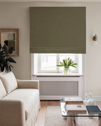 Green Linen Roman Blind with Blackout lining. 100% Linen - Bea Khaki Green by Ada & Ina