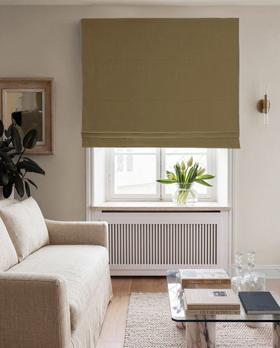Green 100% Linen Roman Blind with Blackout lining. Bea Leaf by Ada & Ina Fabrics