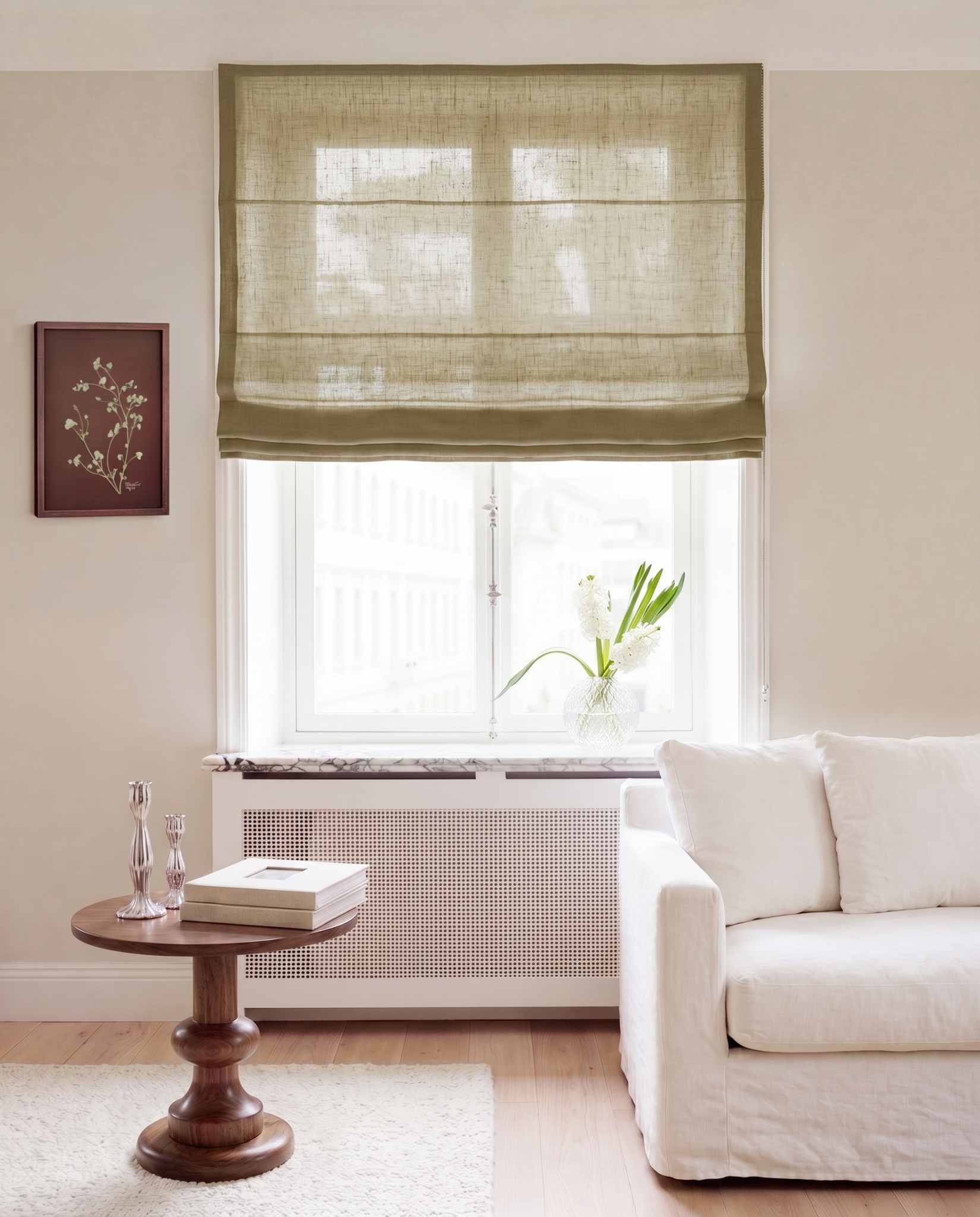 Khaki Green Linen Roman blind. Made of 280 cm wide soft 100% Linen fabric Vilgot Noveau Khaki by Ada & Ina