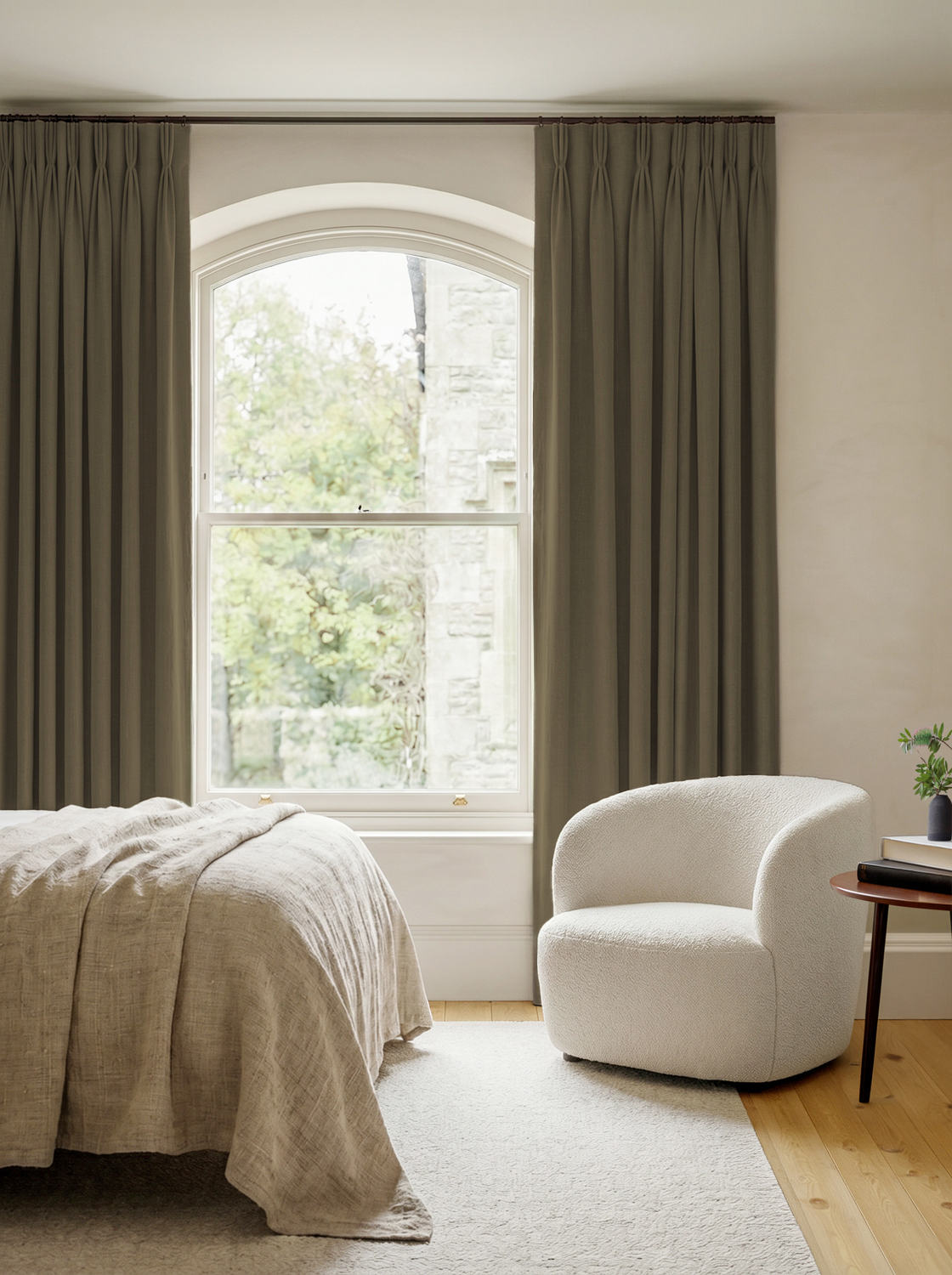Green 100% Linen Triple Pleat curtains. Bea Khaki Green by Ada & Ina