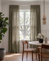 Green 100% Linen Unlined curtains - Pencil pleat heading. Bea Khaki Green by Ada & Ina