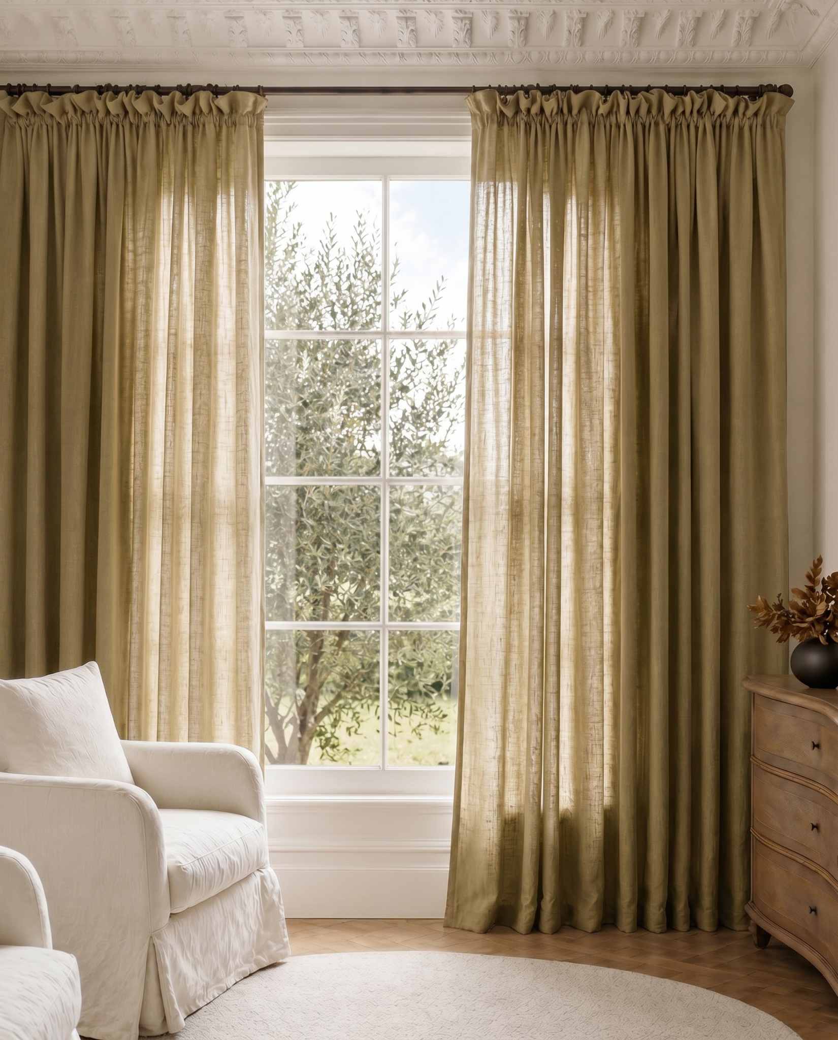 Khaki Green Wide Linen Curtains. Made of double width 280 cm wide soft pure linen fabric Vilgot Noveau Khaki by Ada & Ina
