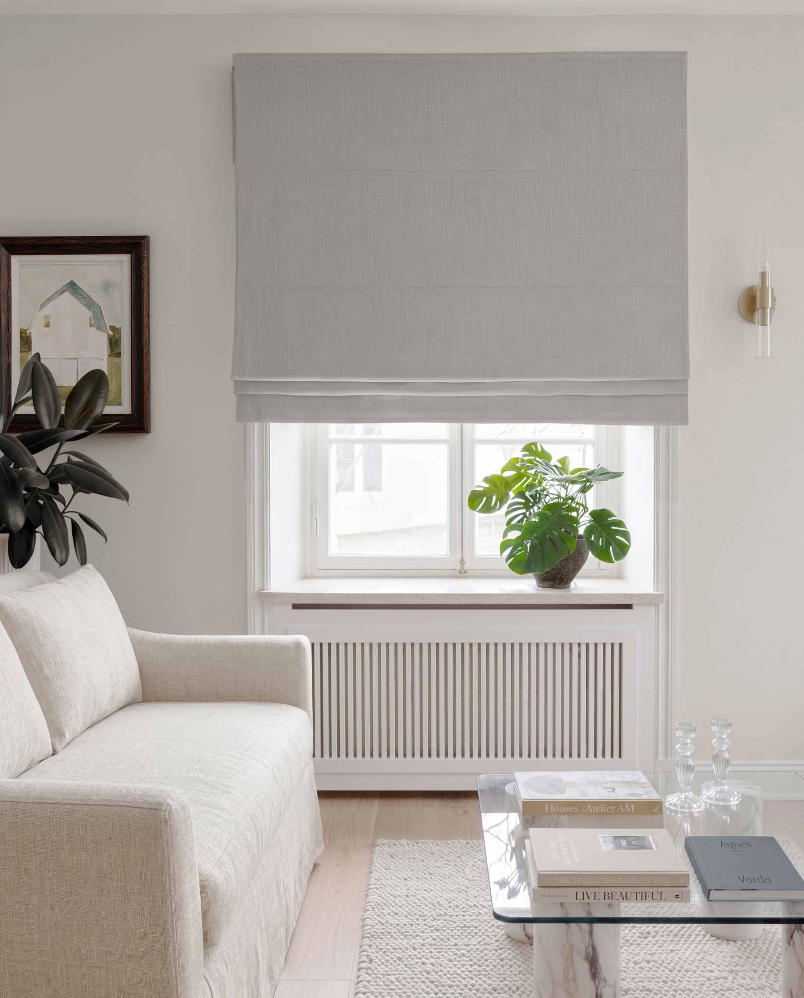 Greige Linen Roman blind blackout lined - pre-washed 100% linen. Bianco Greige by Ada & Ina.