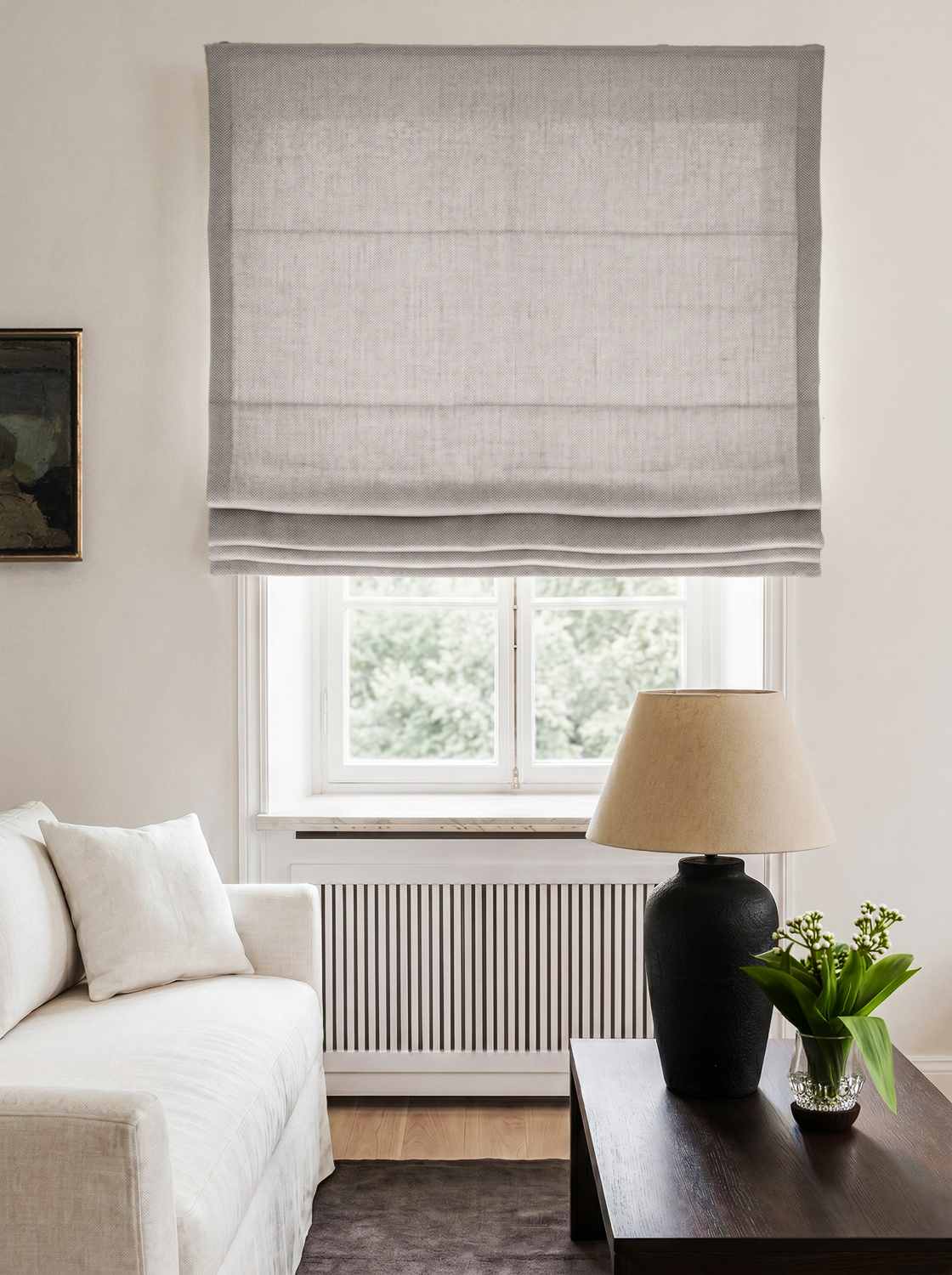 Grey Made to measure linen roman blind - Cotton Lined. Greta Winter Fog.